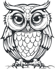 A whimsical black and white illustration of an owl with large expressive eyes.
