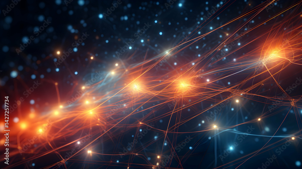 Poster digital network with glowing nodes and flowing lines of data transmission