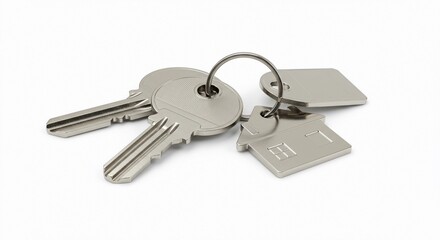 Close up shot of two silver keys and two keychains on a metal ring lying on a white surface