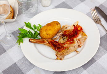 Fragrant fried rabbit leg with jacket potatoes on a ceramic plate served on a checkered tablecloth at home