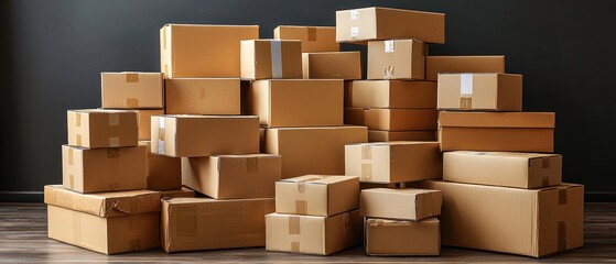 A large pile of cardboard boxes sits on a wooden floor against a dark gray wall.  They vary in size and are stacked haphazardly