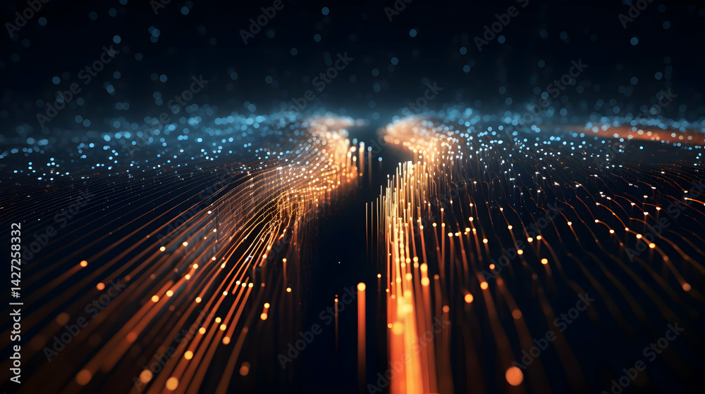 Poster digital data flow with glowing lines and sparkling particles futuristic pathway
