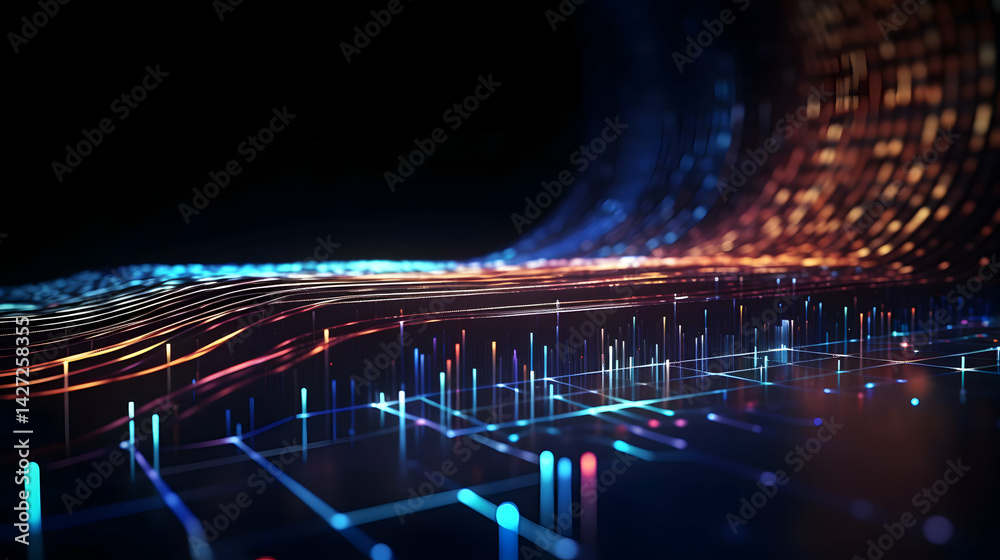 Poster abstract digital network showcasing data stream with flowing light patterns