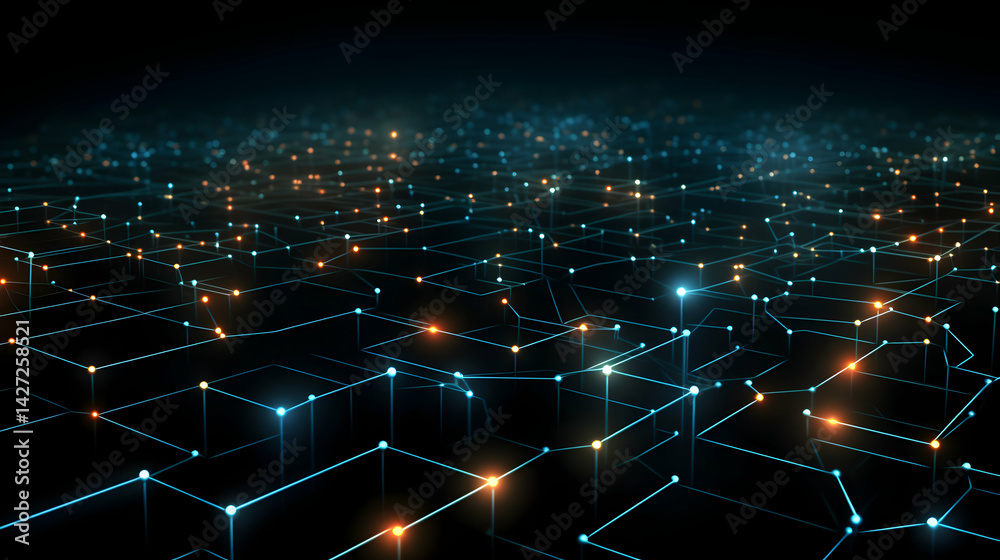 Poster interconnected network visualization with luminous nodes and geometric lines