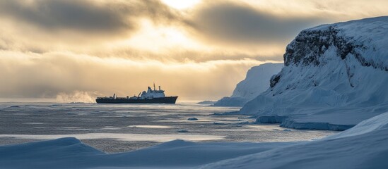 Obraz premium A cargo ship sailing in icy water near snow covered mountains