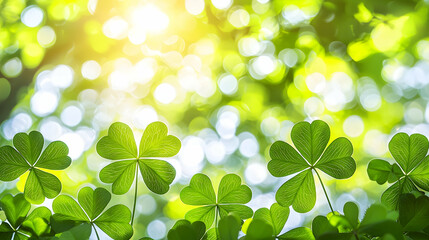 Green Shamrocks in Sunlight with Beautiful Bokeh Effect Background