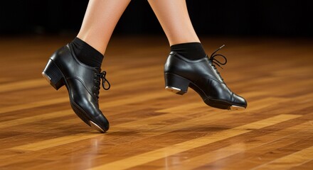 Close up of tap dancing shoes on a wood floor with black socks and a black background in a studio