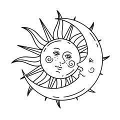 Sun and moon with smiling faces in a mystical, celestial style. Hand-drawn black and white illustration. Vintage boho design perfect for spiritual, zodiac, or astrological themed projects.