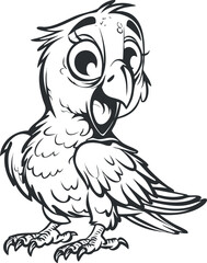 A playful cartoon parrot with large eyes and a cheerful expression in black and white.