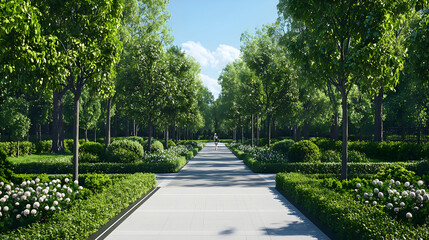 Obraz premium Park Pathway With Trees And Flowers On Sunny Day