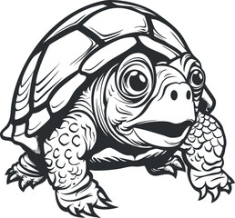 Black and white illustration of a cute turtle with large eyes and detailed shell.