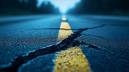 Cracked Road Surface with Yellow Line Under Low Light Conditions