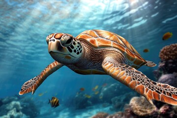 Fototapeta premium Turtle in nature - slow reptile, shell creature, aquatic wanderer, peaceful mover, ancient species, gentle swimmer, coastal dweller, steady traveler, marine being, quiet observer.