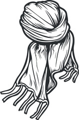 A stylish illustration of a woman's headscarf and scarf wrapped elegantly around her neck.