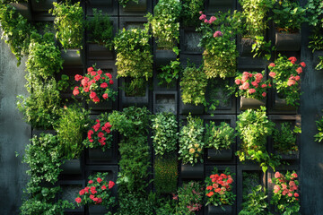 Naklejka premium Wall of plants and flowers in vibrant colors, climbing against a rustic brick background, creating a beautiful botanical contrast.