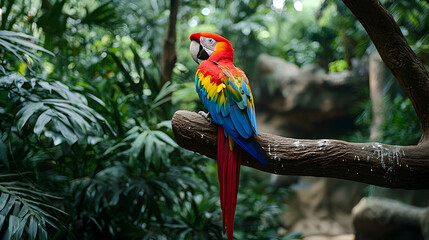 Obraz premium Vibrant Scarlet Macaw Perched on Branch in Lush Tropical Rainforest