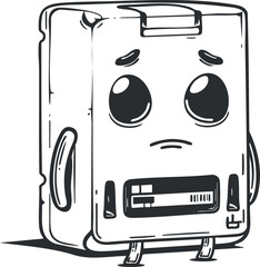 A cute cartoon fridge character with a sad expression, perfect for fun kitchen illustrations.