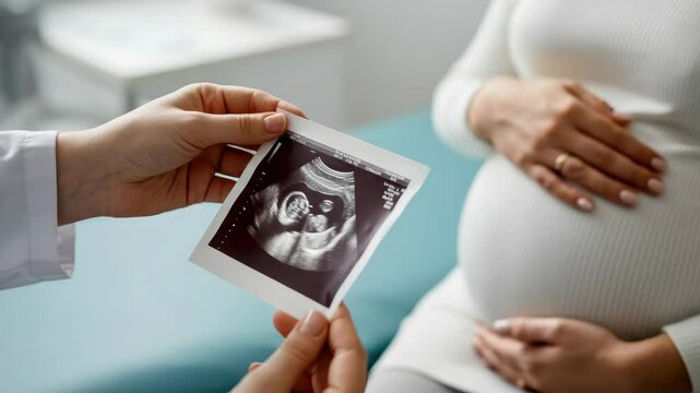 Pregnant woman and doctor viewing ultrasound image of baby