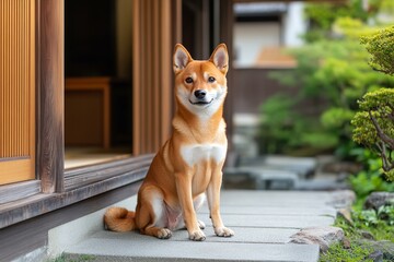 Shiba inu sitting in front of traditional Japanese house
