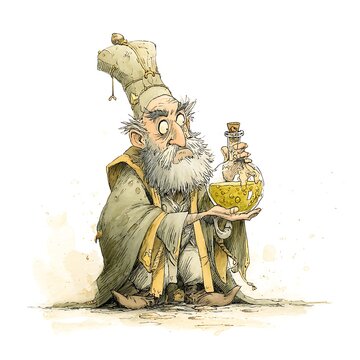 Alchemist with golden elixir and curious eyes