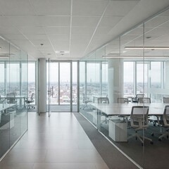 Fototapeta premium Modern Office Interior Blurred Copy Space with Panoramic Windows