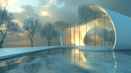 Futuristic winter house with flowing organic architecture and warm glowing interior, reflected in a still water pool at sunset