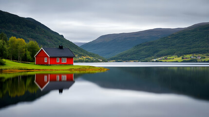 Fototapeta premium Red House Reflecting on Calm Mountain Lake