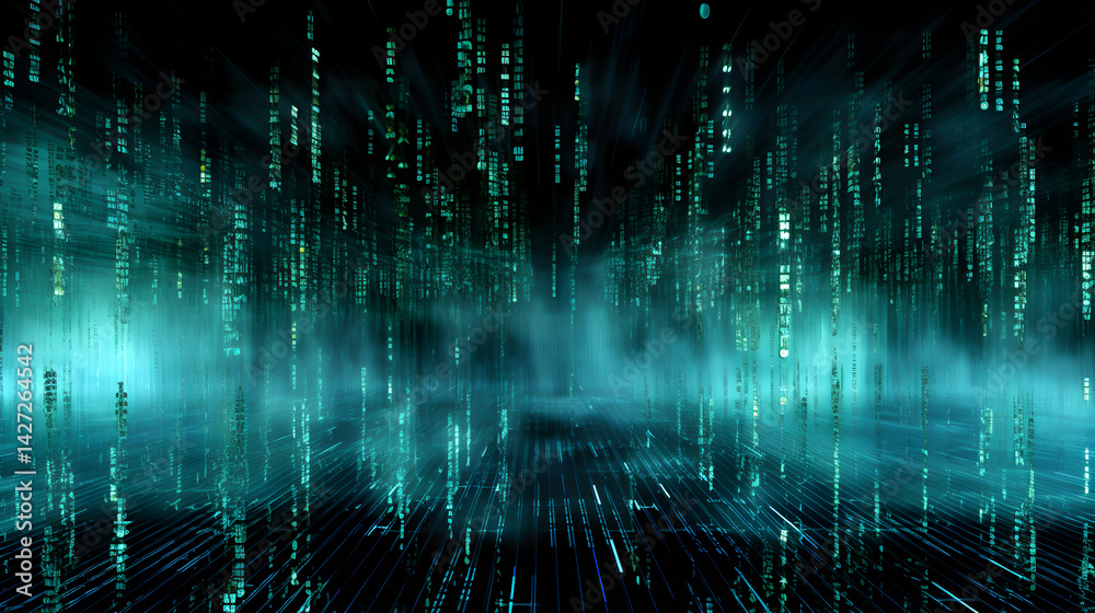 Poster digital cascade: cyan data streams in an abstract cyberspace visualization