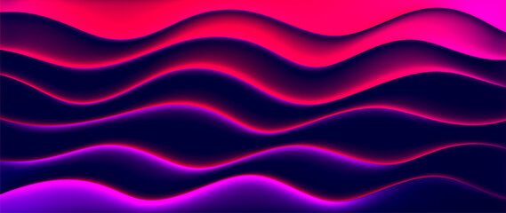 Glowing neon waves with smooth flowing curves. Dynamic colorful futuristic neon gradient blending glowing deep purple and hot pink shades full of depth energy and modern aesthetics. Vector background