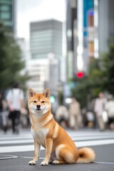 Shiba inu sitting in the middle of busy city street
