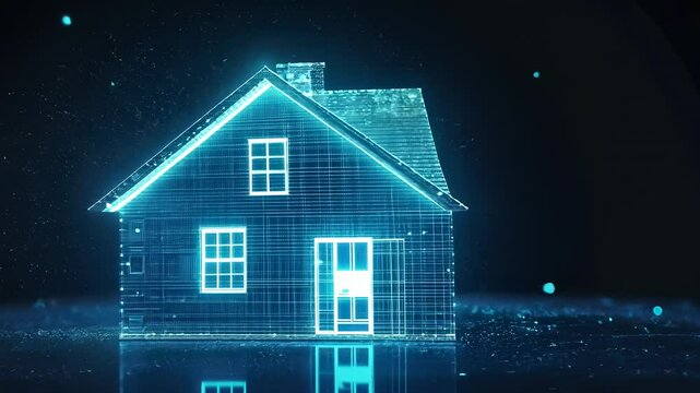 Futuristic house design rendered as a glowing blue wireframe structure