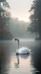 Fototapeta premium Graceful Mute Swan Floating Serene Lake Amidst Foggy Autumn Forest Photo