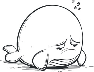 A sad cartoon whale character looking downcast with a frown and bubbles above its head.