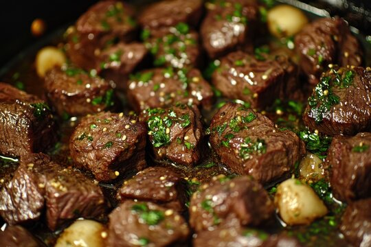 Succulent marinated beef cubes glistening with herbs and spices, creating an appetizing dish.