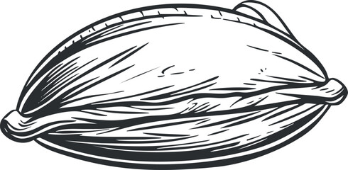 Illustration of a clam shell depicting its natural shape and texture in a black and white style. © vadymstock