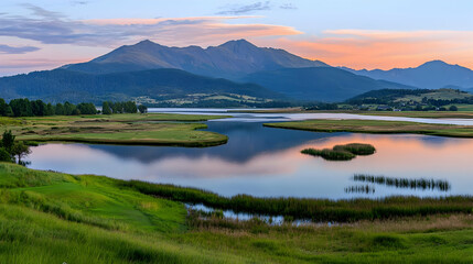 Obraz premium Sunset Over Mountain Lake Scenery