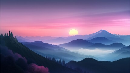 Obraz premium Sunset over majestic mountains serene landscape digital art tranquil environment panoramic view nature's beauty