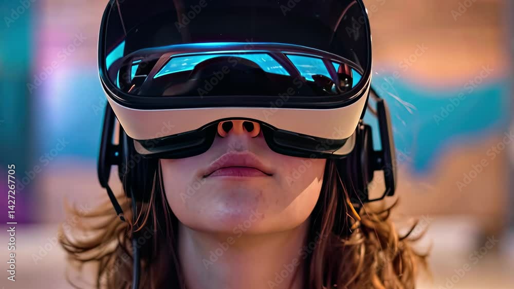 Poster engaging individual experiences virtual reality with high-tech headset in modern environment