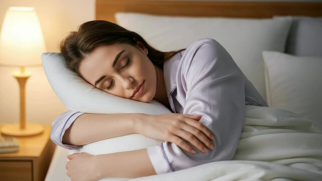 Woman with light skin tone sleeps peacefully in bed soft lighting and cozy atmosphere