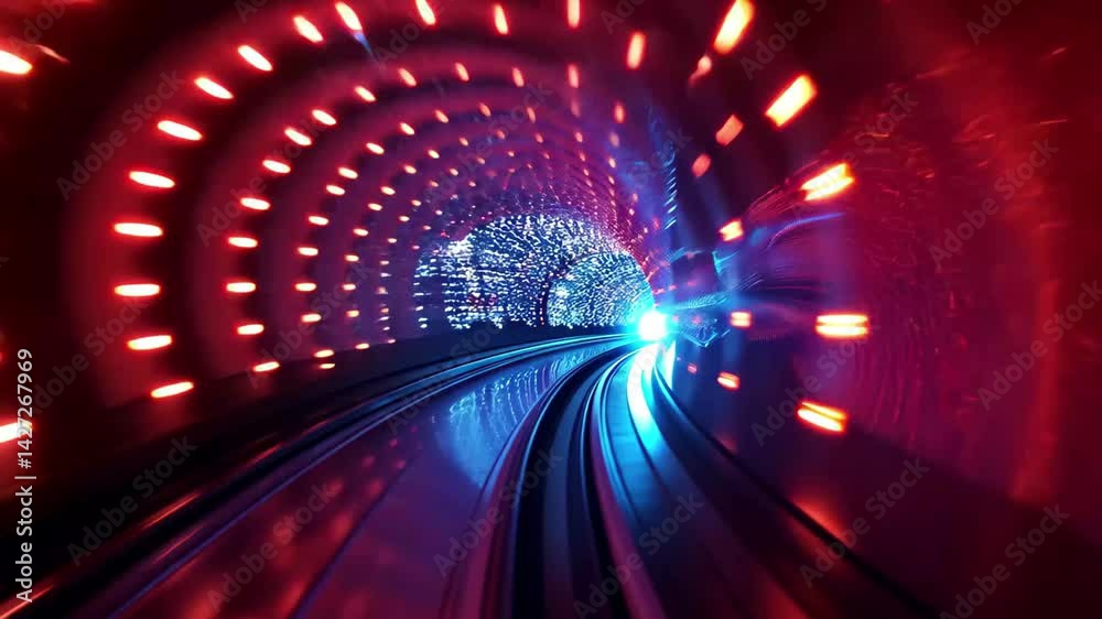Poster Illuminated tunnel with vibrant lights and dynamic patterns creating a mesmerizing travel experience in high-resolution