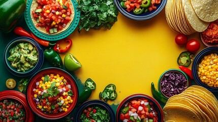 Fototapeta premium A vibrant overhead shot of a Mexican feast, perfect for party invitations, restaurant menus, or festive celebrations like Cinco de Mayo.