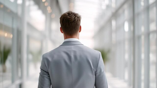 Business Man Medium Single Shot Back Side Young White American Male Suit Tie Walking Hallway Modern Office