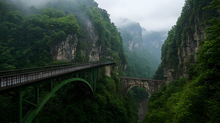 Fototapeta premium Misty Mountain Valley Bridge In Lush Green Forest