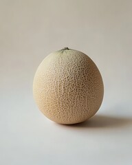 A single cantaloupe with a textured skin sits elegantly against a soft, neutral background.