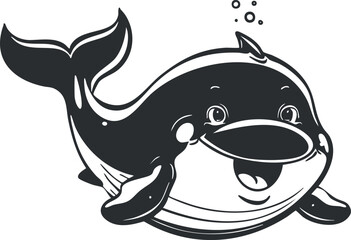 Cute cartoon whale illustration with a friendly smile and playful expression in black and white.