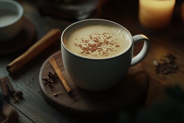 Warm cup of spiced coffee with cinnamon, set in a cozy, ambient atmosphere with soft lighting.