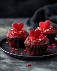 Three delicious red velvet cupcakes with heart decorations, perfect for celebrations and special occasions.