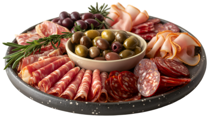 Festive Charcuterie Board Mediterranean Meats, Olives & Rosemary for Party Snacking.