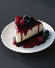 Slice of luscious cheesecake topped with mixed berry sauce and fresh raspberries on a plate.