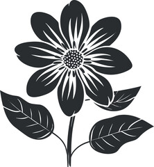 A stylized black and white illustration of a flower with leaves, perfect for decorative purposes.